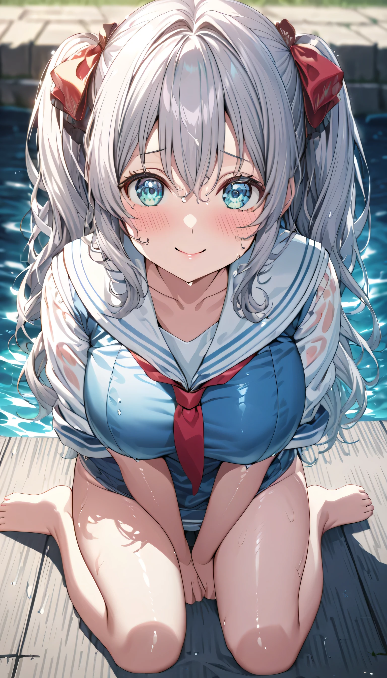 ((ultra-detailed)), (highly detailed CG illustration), (best quality:1.2), ultra-highly detailed, colorful composition, artistic photoshoot, 1girl, solo focus, ((thigh to top:1.4)), ((cowboy shot:1.4)), moe anime character, girl, dainty facial structure, (baby face), (round face), ((rounded chin:1.2)), (( body proportions)), celia-default, celia claire, (blue eyes), sparkle eyes, silver hair color, two side up, (hair ribbon with red), ample breasts, (light blue smock top), (red tie), (school swimsuit), (blue one-piece swimsuit), (sailor collar), (beautiful see through white sailor school uniform), ((wet clothes)), ((wet body:1.4)), ((shy)), ((blush)), ((bashful)), ((coy)), ((demure)), ((looking at viewer)), ((sitting on floor)), ((wariza:1.4)), ((V arms)), ((in school swimming poolside)), best quality, masterpiece, ((beautiful detailed sky)), ((sunshine pouring down)), from behind, expecting, pink cheek, blush, light pink gloss slip, portrait, depth of field, soft lighting, sidelighting, (shine), lighting, caustics, ray tracing, smile, perfect face, lustrous skin, highly detailed face, highly detailed eyes, perfect face, perfect nose, perfect hair, perfect eyes, perfect anatomy, beautiful hair, beautiful small face, extremely detailed face, beautiful detailed eyes, beautiful clavicle, beautiful body, beautiful huge breasts, leavage, breasts squeezed together, equalize the size of the left and right breasts, beautiful thin thighs, beautiful legs, beautiful fingers, 4 fingers, 1 thumb, lovely, (very detailed background:1.0), (highly detailed background:1.0), summer aesthetic, intricate details, bashful atmosphere, summer colors palette, chromatic aberration