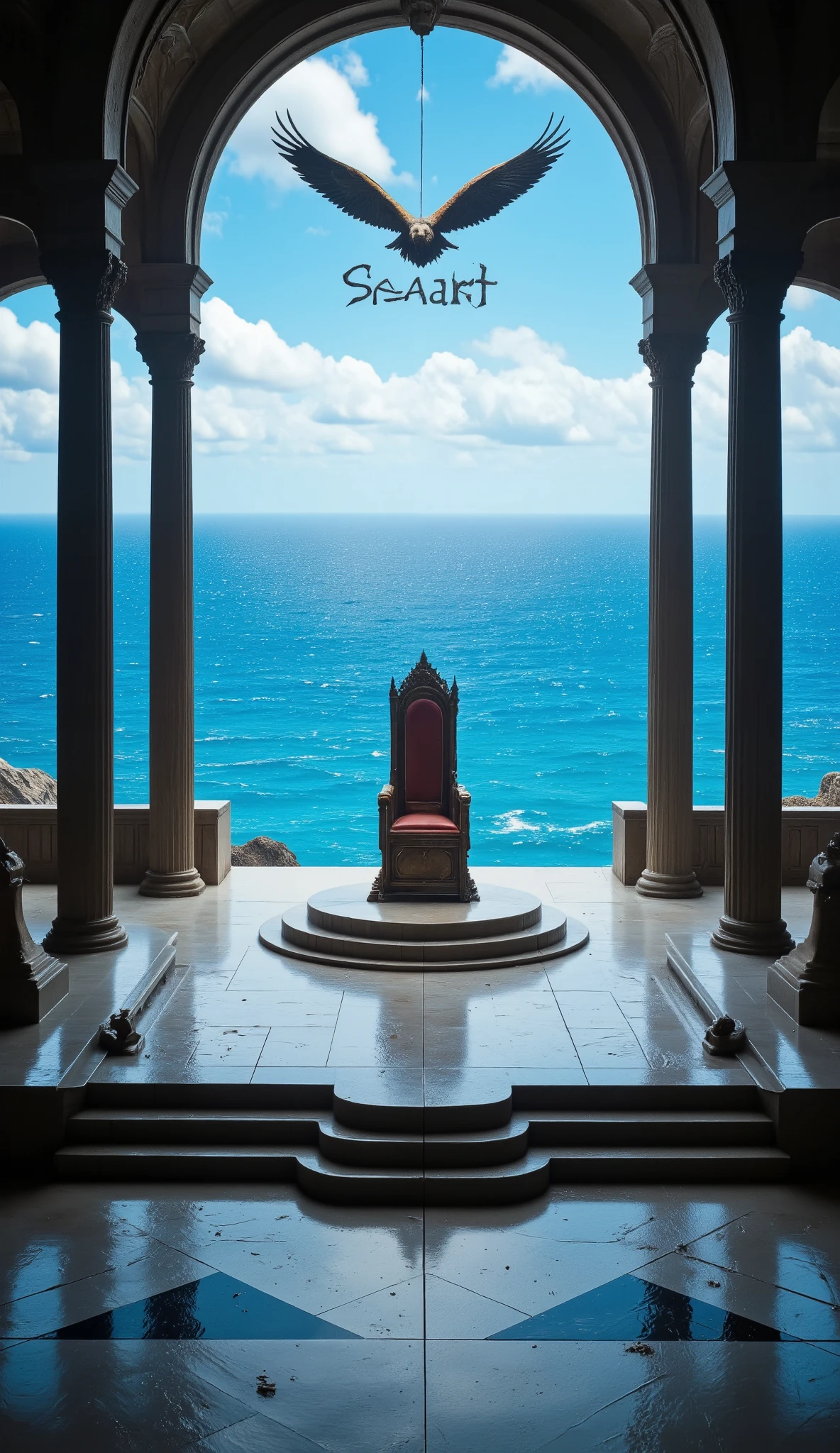 The high-definition image、Royal Palace、represents the blue ocean、The King's Hall of Fame、creates a creative world、「SeaArt」in the center、and、is surrounded by 4 monoliths {x} there is dignity in the back。The throne、a palace where eagles live、creates a creative world。