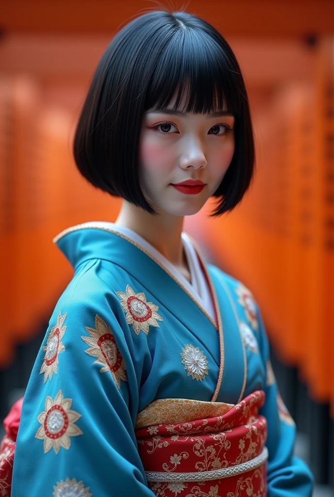 (top quality,4K,8k,high resolution,masterpiece:1.2),very detailed,(realistic,photorealistic,photo-realistic:1.37),Half-glowing Maiko,（full body）、Textured Straight Ultra Short Bob Haircut、、 small 、frosty gaze with a happy face、perfect 、depth of field、blue kimono with half luminous mandala pattern、Kyoto、Thousand Torii Gates、colorful、Black and White