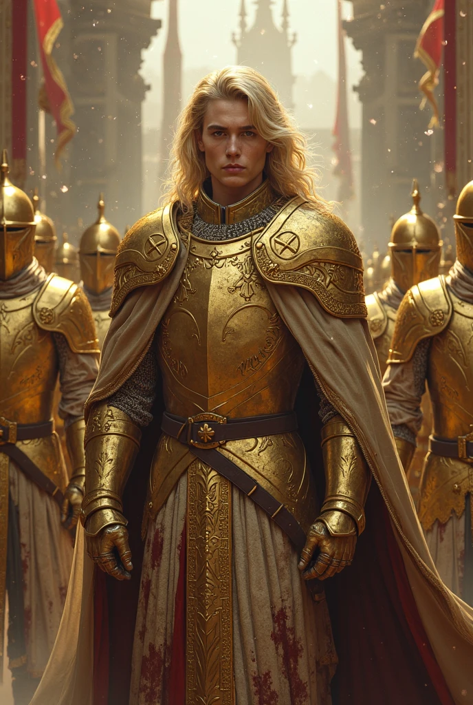 Classic christian cruel emperor , blonde hair , young , golden knights 

