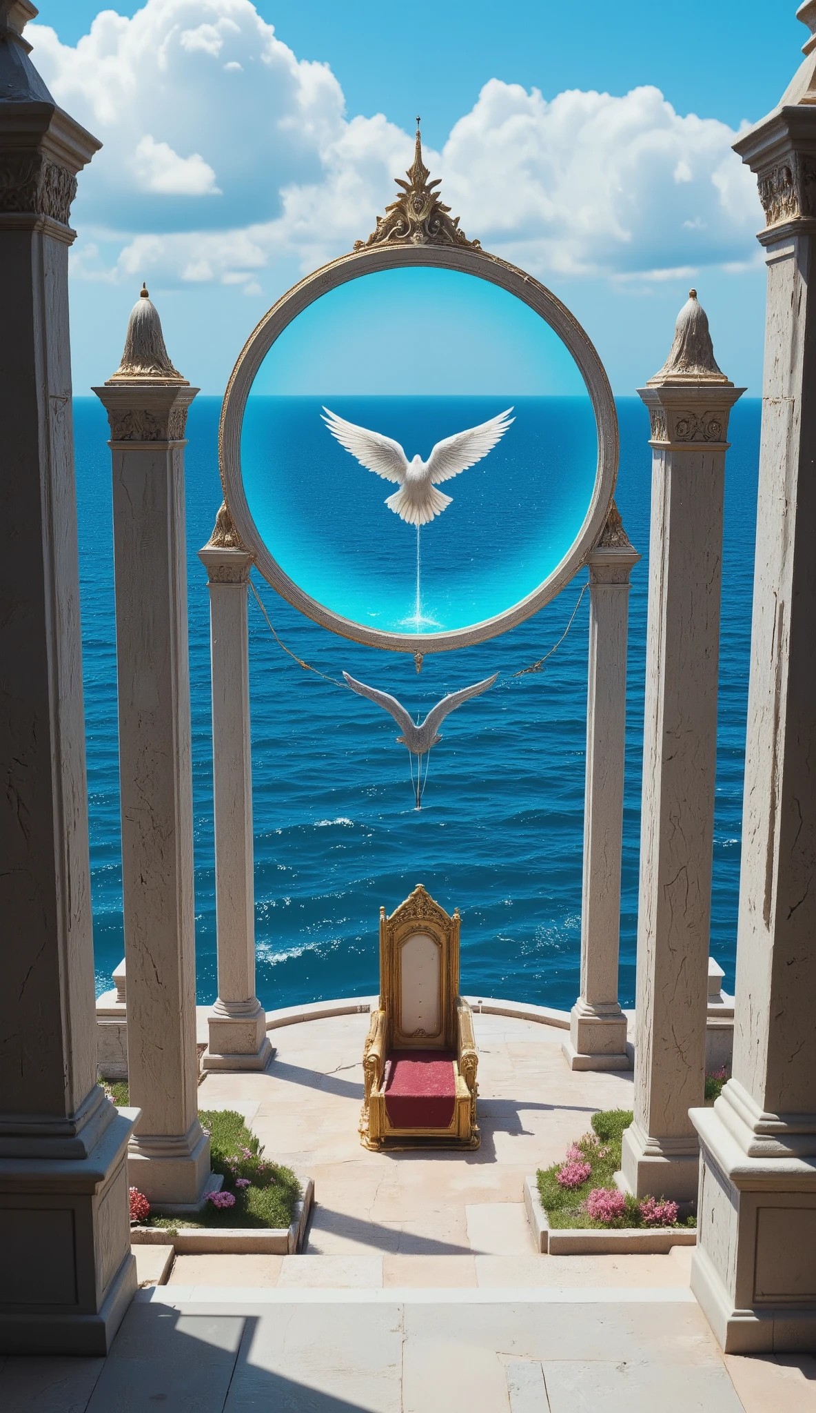 The high-definition image、Royal Palace、represents the blue ocean、The King's Hall of Fame、creates a creative world、「SeaArt」in the center、and、is surrounded by 4 monoliths {x} there is dignity in the back。The throne、a palace where eagles live、creates a creative world。