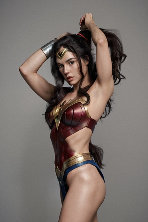 Nia Frost, 26 years old, black eyes. In a heroic pose, embodying the essence of Wonder Woman. Wearing the distinctive outfit with grace, expressing confidence and sensuality.
