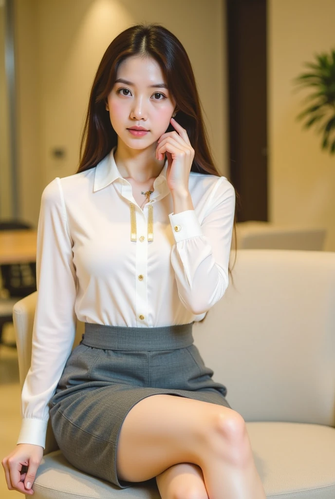 a beautiful girl with a mixed face of western and eastern features, sitting in an office, wearing a short skirt showing off her sexy legs, detailed facial features, detailed eyes and lips, 1girl, office interior, photorealistic, 8k, highres, best quality, ultra-detailed, realistic, vivid colors, studio lighting, physically-based rendering, professional