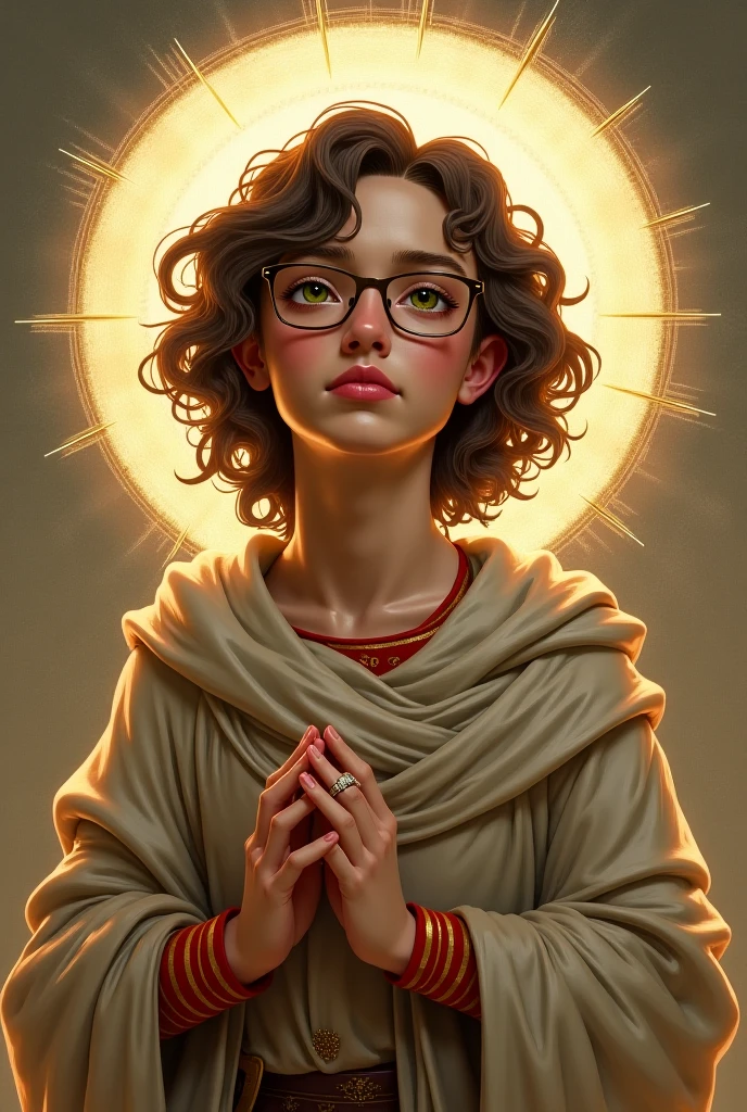 Create me a saint with written on it "Patron of Lost Causes" The saint must have curly hair, green eyes and glasses