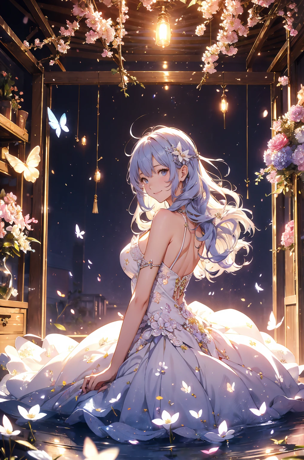 best quality ！mystical  、( cowboy shot   ) 1girl cute smile！smile!   エルフの館 ,  美しい装飾、テーブル、お茶、beautiful room 、Beautiful skin with a chest circumference of 130  、sexy、 Beautiful chest skin ！BEAUTIFUL THIGS、beautiful legs ‼️ slender model figure、　  music 　Healing simple lawn composition fantasy world、western fantasy style  　flower、  beautiful 　美しい室内ステンドグラス　　　Many kinds of flowers　  Mr..々flower　 butterfly々窓の外　cherry blossoms、、 
Keep it simple      　 beautiful brilliance 、long silver blue hair、The strongest beautiful decorative flower sexy white dress、  calm atmosphere   petals、  open 、  Beautiful young body 、  big 胸 、beautiful skin,  、beautiful brilliance,  high definition depiction  ,                              Realistic Fantasy Romanticism ,, ultimate beauty　moving！high resolution, 