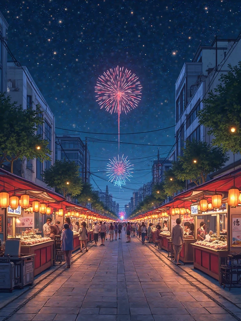 Japanese festival landscape、in urban streets、street stalls arranged side by side、lanterns are arranged side by side on top of the food stalls、night sky where the stars can be seen clearly、Massive fireworks visible、white, fine tile ground、taken from the center of the road、shot from a low angle、Wide angle 24mm lens、anime-style、(HD)、(intricate details)、(Super Detail)、(masterpiece)、(4k)、