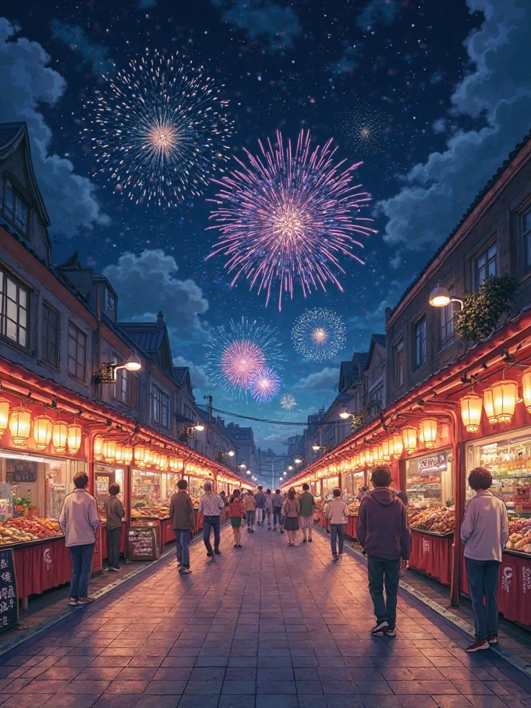 Japanese festival landscape、in urban streets、street stalls arranged side by side、lanterns are arranged side by side on top of the food stalls、night sky where the stars can be seen clearly、Massive fireworks visible、white, fine tile ground、taken from the center of the road、shot from a low angle、Wide angle 24mm lens、anime-style、(HD)、(intricate details)、(Super Detail)、(masterpiece)、(4k)、