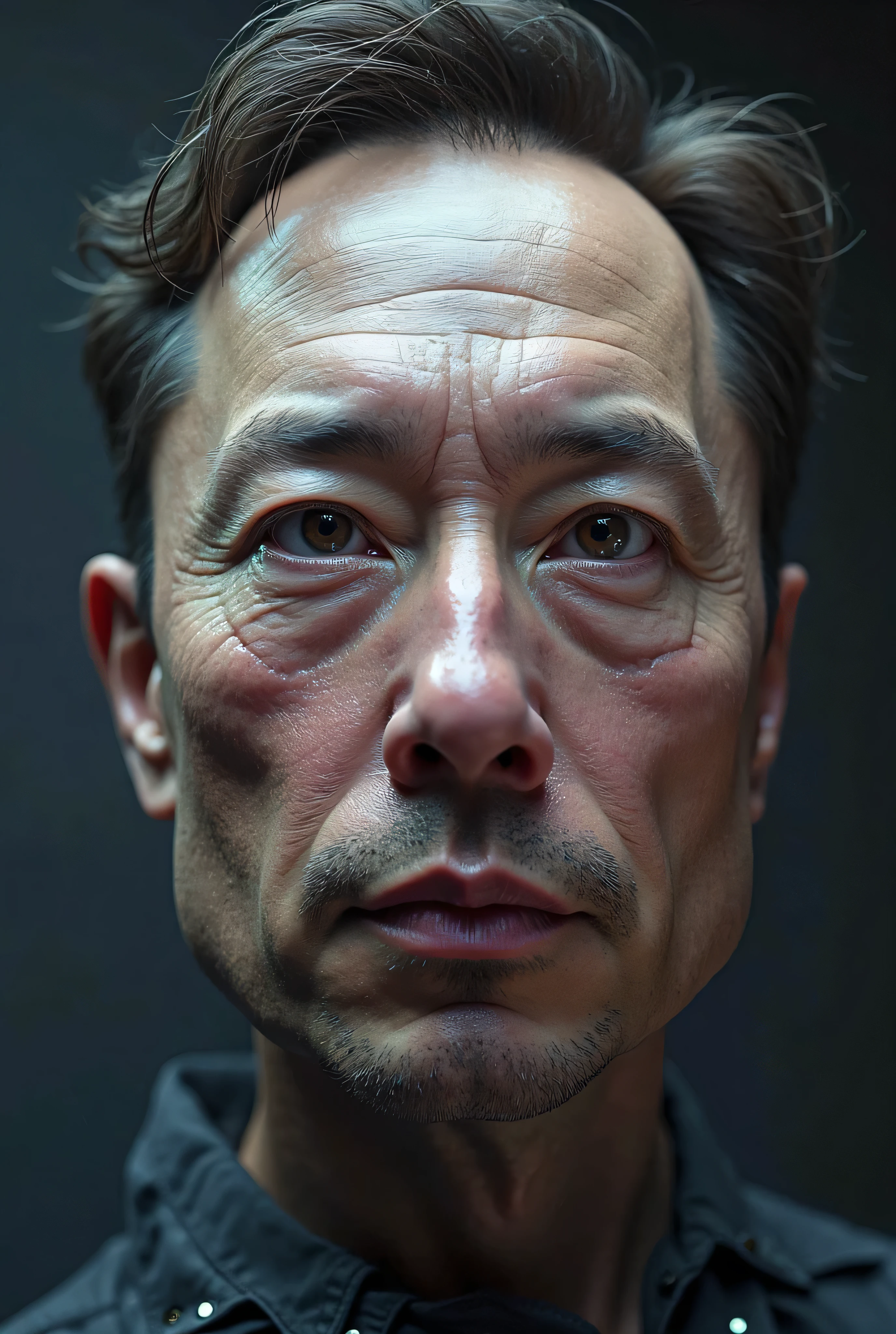 Create a human face that is a mixture of Elon Musk, Sam Altman, and Jensen Huang. Technical details about the image: The screen will display only the face