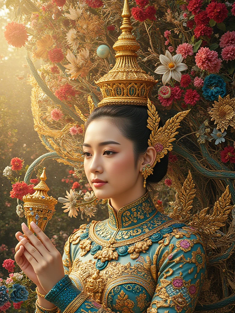 เทพีนางสงกรานต์ในวรรณคดีไทย ปรากฏกายเหนือเมฆmoneyเมฆgold**  
- **face**: สวยสง่าด้วยวงพระพักตร์รูปไข่ พระเนตรอ่อนละม้ายเหมือนพระจันทร์ครึ่งดวง ริมพระโอษฐ์redธรรมชาติ  
- **Shapes**: ฉลองพระองค์แพรสีชมพูอมred ปักgoldลายกนกแทรกด้วยอัญมณีสีIndigo  พระศอทรงสร้อยมุกไข่มุกา ปลายสร้อยเป็นรูปนาคราช  
- **Phra Kesa**: My hair is as long as the Lord's Day, adorned with jasmine flowers and sapphires. The ends of my hair become a flowing stream. 
- **background**: พระวิมานบนเขาพระสุเมรุ ท้องฟ้าเป็นสีgoldส้ม พระอาทิตย์ทรงกลด behind her  
- **light**: lightเรืองรองรอบพระวรกายแบบ soft glow มีละอองน้ำศักดิ์สิทธิ์ลอยรอบตัว  
- **Art Style**: ผสมจิตรกรรมไทยโบราณกับแนว Fantasy Digital Painting ระดับ 8K Ultra HD  
- **Color tone**: Hot Colors (red/gold) Cold Colors (Indigo /money) Feel the power and coolness of the waterways 