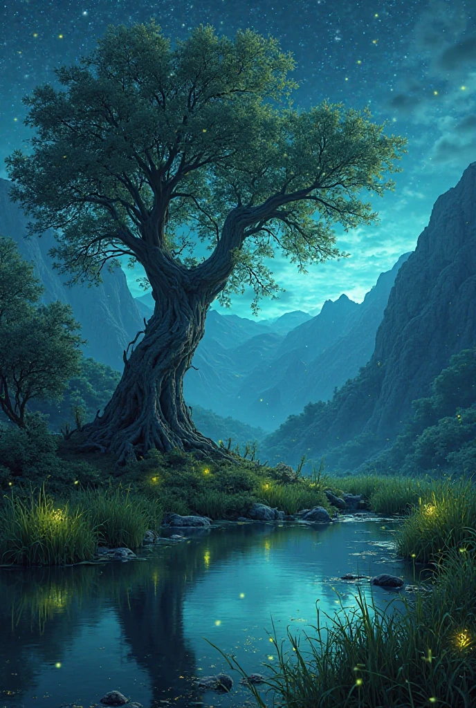A magical ancient tree by a calm reflective pond under a starry night sky, glowing green fireflies in the grass, distant mountains in the background, fantasy forest scenery, ultra-realistic, 4K