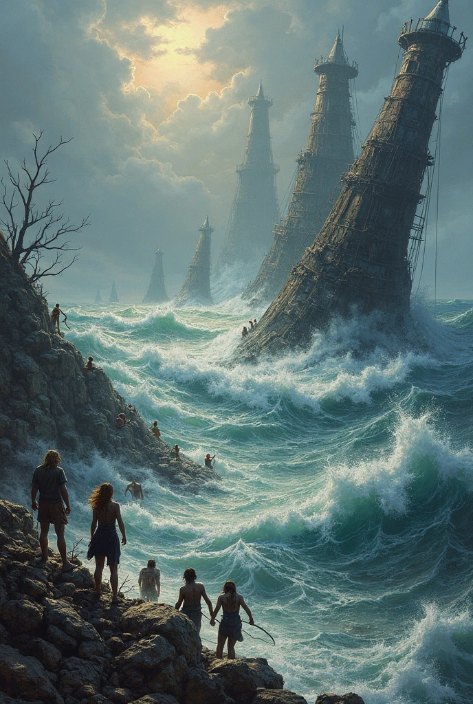 Sinking Ships,Sea Full of People,Dramatic Structures, Surfing Ocean ,Surging Waves,Clouds Low to Low,realistic expression,Masterpiece,4K,hyperrealistic,professional-grade,Vibrant Color,rich texture,Metal material,Wet Trees,Dramatic lighting, intense light and shadows ,photo-like realism,Expertly Crafted,Oil Painting Technique, Realistic Description 