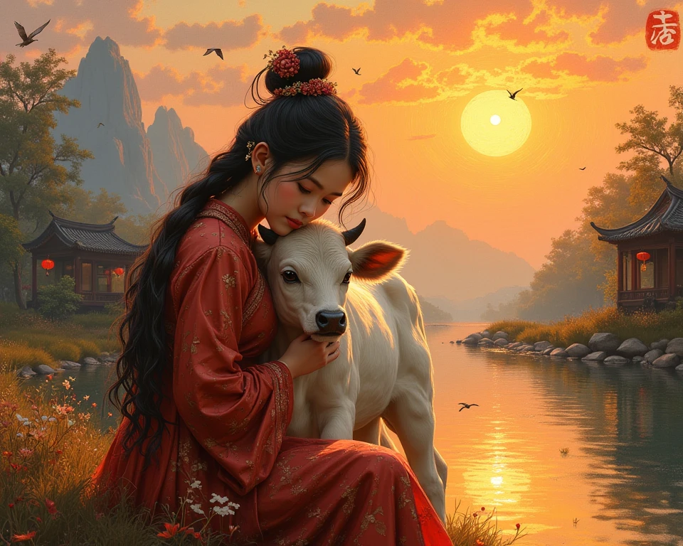 impasto oil painting, impressionistic, warm sunset, golden sunset lighting, asian scene, potrait of (Cowherd's daughter) a young Chinese woman hugs the neck of a bull calf with no horns, placing her cheek on the calf's head with  lake and river background, river, birds, wood house, China country rock mountain landscape,  impressionism, Cinematic, Romanticism, abstract art complementary colors fine details oil painting by James Gurney head and shoulders portrait, 8k resolution concept art portrait by Greg Rutkowski, Artgerm, WLOP, Alphonse Mucha dynamic lighting hyperdetailed intricately detailed Splash art trending on Artstation triadic colors Unreal Engine 5 volumetric lighting, intricate details, HDR, beautifully shot, hyperrealistic, sharp focus, 64 megapixels, perfect composition, high contrast, cinematic, atmospheric,