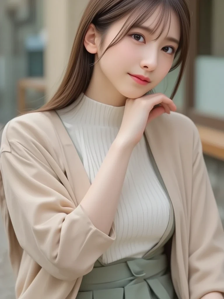 table top, highest quality, shape, Super detailed, finely, High resolution, 8k wallpaper, 完璧なダイナミックな構shape, beautiful and detailed eyes, medium hair, small breasts, natural color lip, random sexy pose,smile,big city、20 year old girl、midnight、Beautiful and dense face、perfect and beautiful face,Big eyes、Raw photo、Expressing feminine poses with your whole body、beautiful and detailed eyes、small face、beautiful duplex、slim face and style,black luxury brand coat(inside：winter dress)、beautiful golden ratio face、blur background