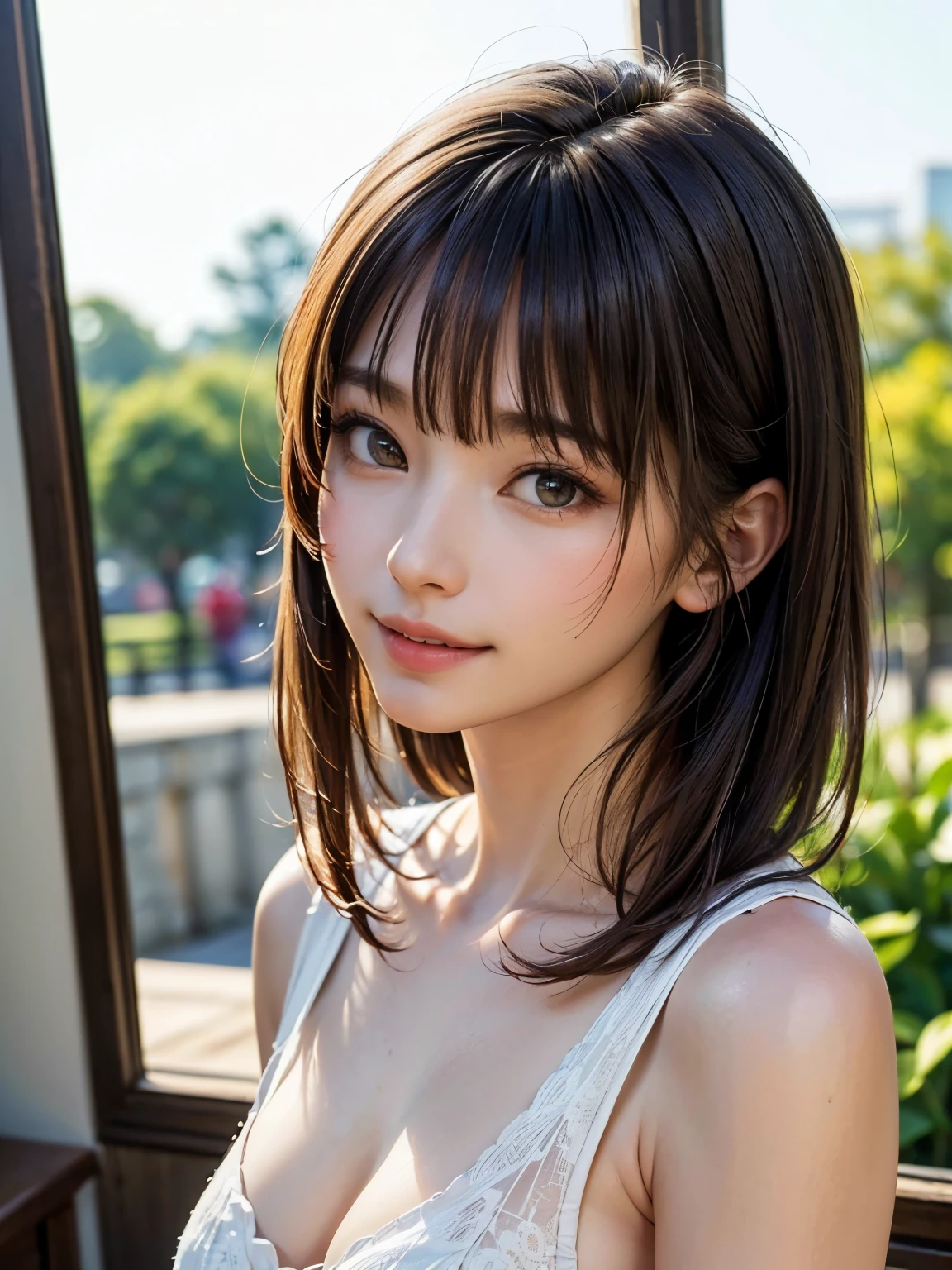 Night sky with fireworks, With Van Gogh starry night painting style, Rolling hills in the background, Fireworks,(top-quality、8K、32K、tmasterpiece、hyper HD:1.2)、Photo of a cute Japanese woman、huge tit、Large full breasts、short-hair、The upper part of the body、sface focus、Oversized_Sweater、a necklace、simple background、from the above、looking at viewert、