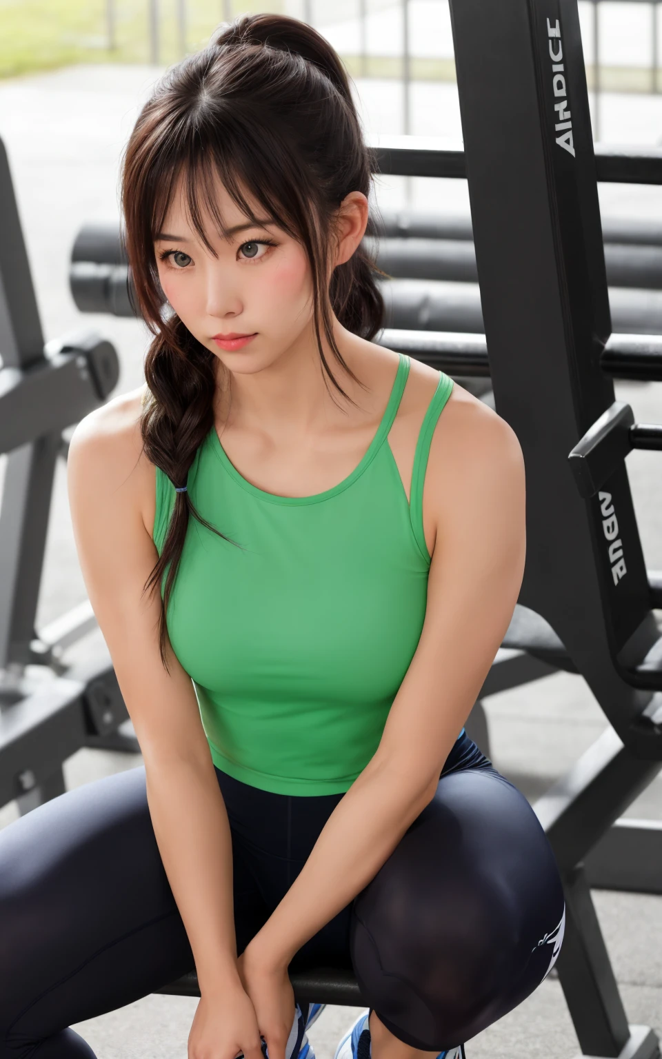 Highly detailed CG Unity 8K wallpaper, with the highest quality, super detailed, Maste Piece, Realistic, Photorealistic, extremely detailed cute girl, 25 years old,  (Panties under pantyhose),  blush,  Parted lips, Round eyes, Medium breasts, the viewer, Half body shot , Tank top , gym , Armpit