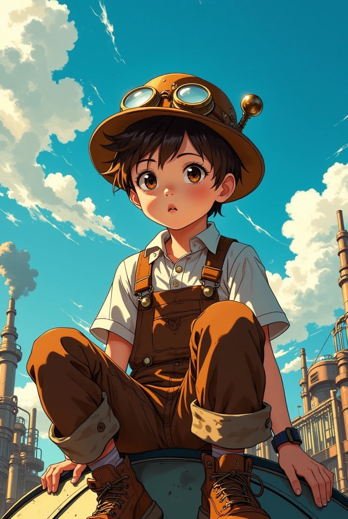 (steampunk), ((elementary boy)), brown hair, leather hat with some kind of goggles attached, blue sky, low angle view, overalls, leather shoes, slim body, sitting on something, dynamic perspective from below, soft lighting, detailed steampunk accessories, intricate background elements like pipes or gears in the distance, warm color tones with strong contrast between sky and outfit, expressive pose, anime style, fine linework, painterly shading, emphasis on texture of leather and metal, dramatic upward angle for cinematic effect