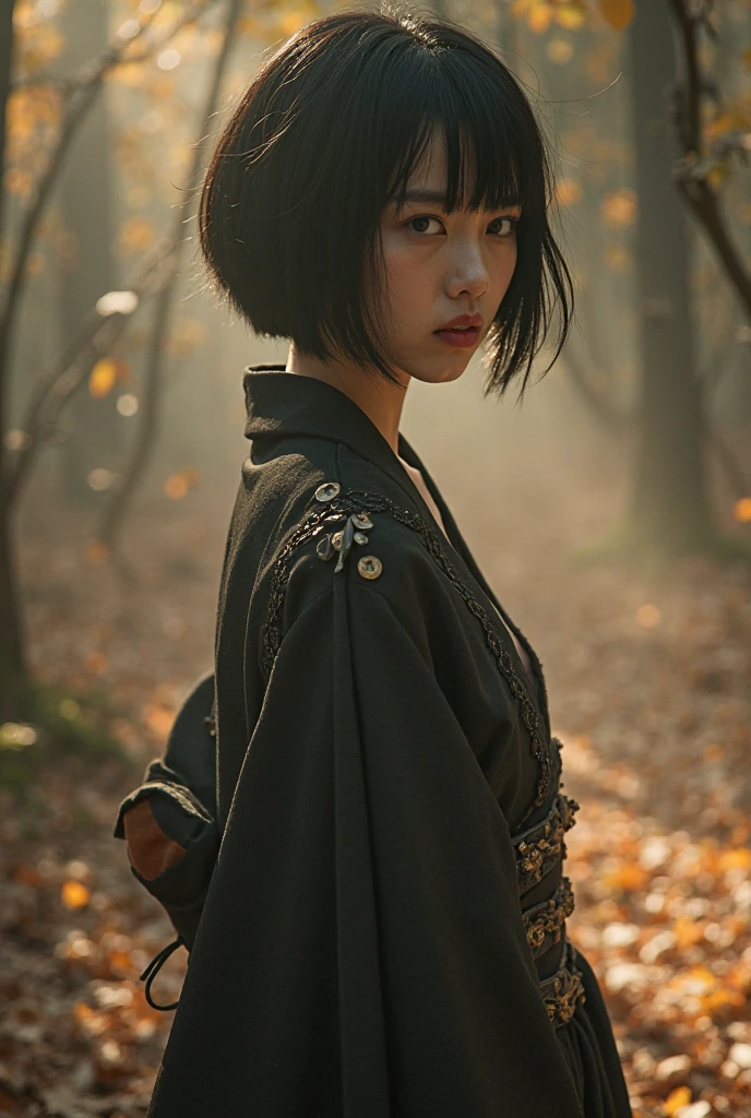 EDITORIAL PHOTOGRAPHY,  Super Detailed Backgrounds  ,Super Real, Shade,depth of field, perfect anatomy、Goddess Amenouzumenomikoto 、full body、cool beauty super slim skinny video, Soft Focus Sepia Tone ,movie scene,It was transparent,Wabi-sabi,Shioriness,looking at the camera、Nipples、Geometric model witch costume,is looking away at the female genitals,  Super Short Straight Bob Hairstyle ,Japanese Mythology Worldview 、natural light、Heaven Realm