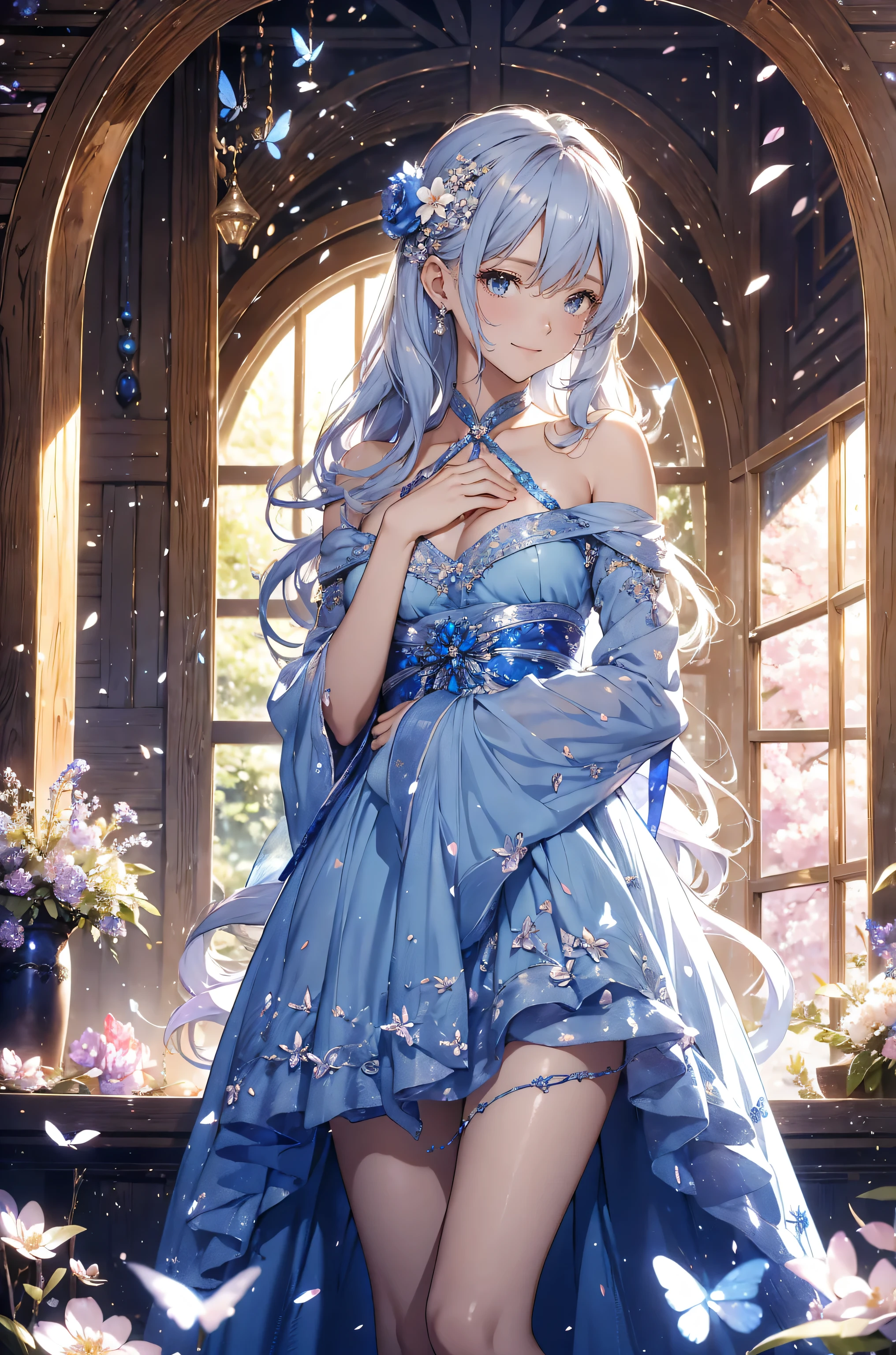 best quality !mystical 、( cowboy shot ) 1girl cute smile!smile! エルフの館 , 美しい装飾、テーブル、お茶、beautiful room 、Beautiful skin with a chest circumference of 130 、正確な指、sexy、 Beautiful chest skin !BEAUTIFUL THIGS、beautiful legs ‼️ slender model figure、 music Healing simple lawn composition fantasy world、western fantasy style flower、 beautiful 美しい室内ステンドグラス Many kinds of flowers Mr..々flower butterfly々窓の外 cherry blossoms、、
Keep it simple beautiful brilliance 、long silver blue hair、The strongest beautiful decorative flower sexy white dress、 calm atmosphere petals、 open 、 Beautiful young body 、 big 胸 、beautiful skin, 、beautiful brilliance, high definition depiction , Realistic Fantasy Romanticism ,, ultimate beauty moving!high resolution,