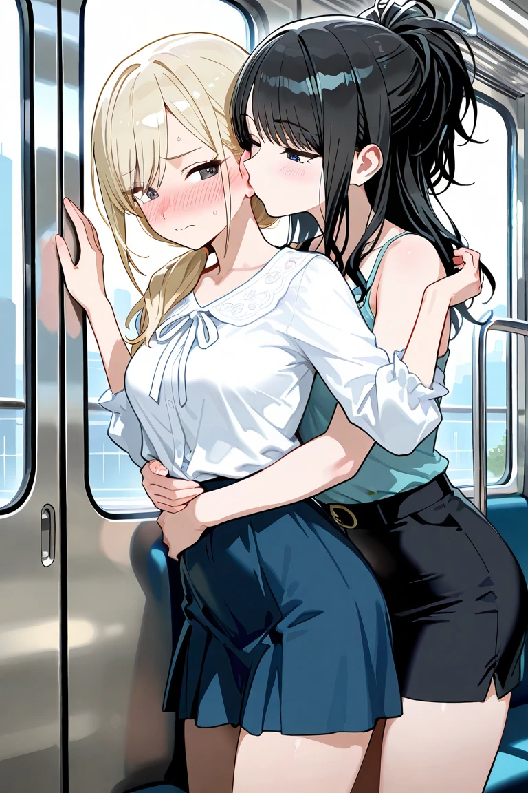 (highest qualityr)), ((obra maestra)),、((2 girls:1.5)) , ((kissing:1.4)), Resultado del tono、mujer adulta、 ((Tiro de panty:1.5))、En pie piernas abiertas、lift skirt 、rubio、ojos verdes、(Cum en desbordamientos :1.5)、 small 、sobbing tears、(Tanga:1.0)、 Rodillas altas blanco、( en vaginal:1.3)、 en la boca、(Underboob,show off nipple:1.0)、muchos estudiantes alrededor、 Enfoque bajo vista、NSFW, realista, obra maestra, VERY crowded subway train interior detailed scenario, VERY crowded subway train interior detailed background, Mini falda sexy, (fear expression), cara sonrojada, Attractive man groped woman 1 from behind,(((Hombre atractivo presionyo su pecho sobre la mujer 1 espalda))) y (((holding her waist behind her))) (no panties:1.3), (topless:1.4),