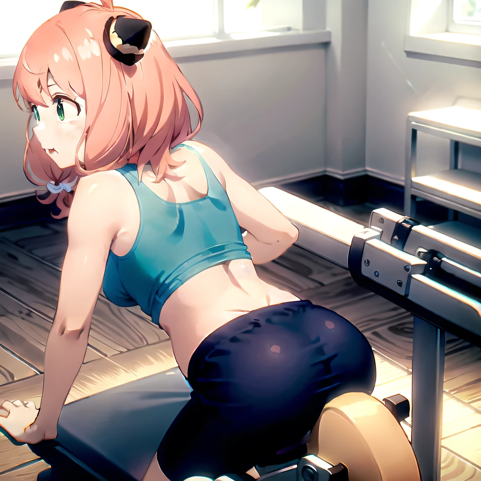 A fitness gym, a person training on a stationary bike, side view, bright morning sunlight through large windows. Pink hair, twin tails, green eyes.
