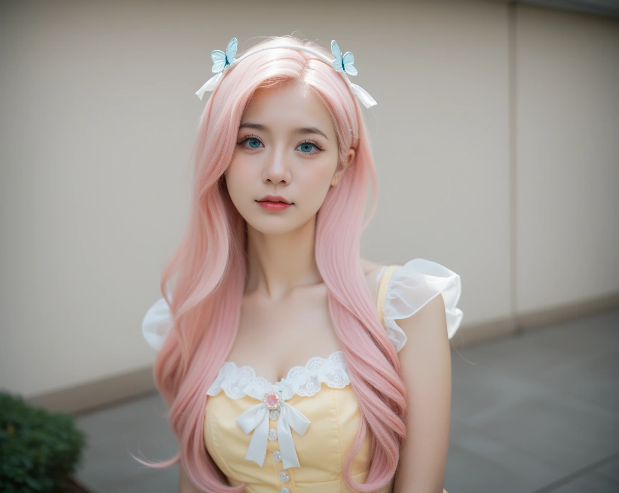 (8k, 4k, best quality, high resolution:1.2), (masterpiece, realistically, Real shot:1.37), 1 girl, alone, pretty face, eyelash, nose, glossy lips, (exquisite eyes, looking at the audience, fair skin, fair skin:1.5), Delicate skin tone, upper part of body,
big breasts,Plum,,,
Outdoor forest,
one side up,Ridiculously long hair,blonde,pink hair,through bangs,hair accessories,bow,
young,aged,first god,sweet rain