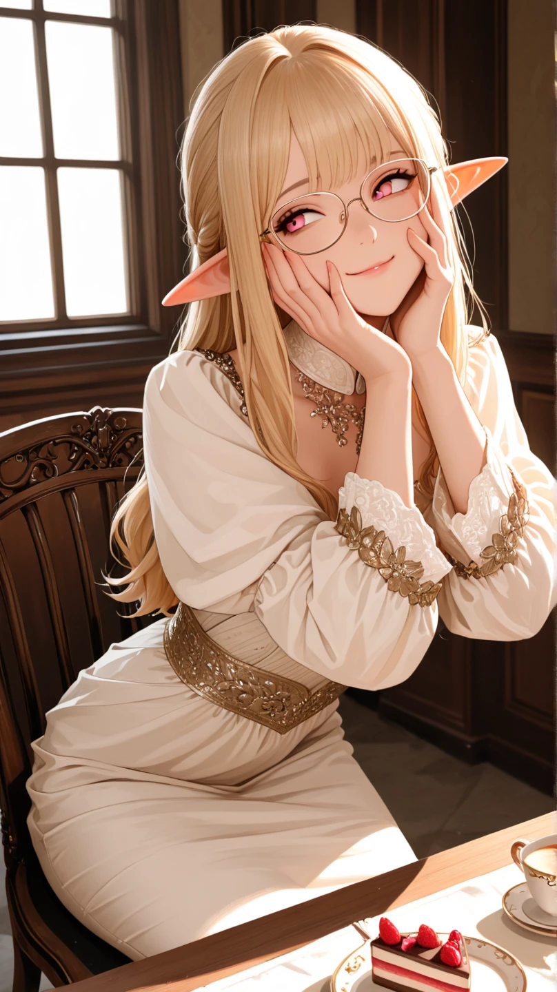 long hair of golden color、hime-cut、Golden Eyes、eye glasses、ssmile、early teenage girls、flat chest、Thin pubic hair、Beautiful open legs、bath robe、the woods
