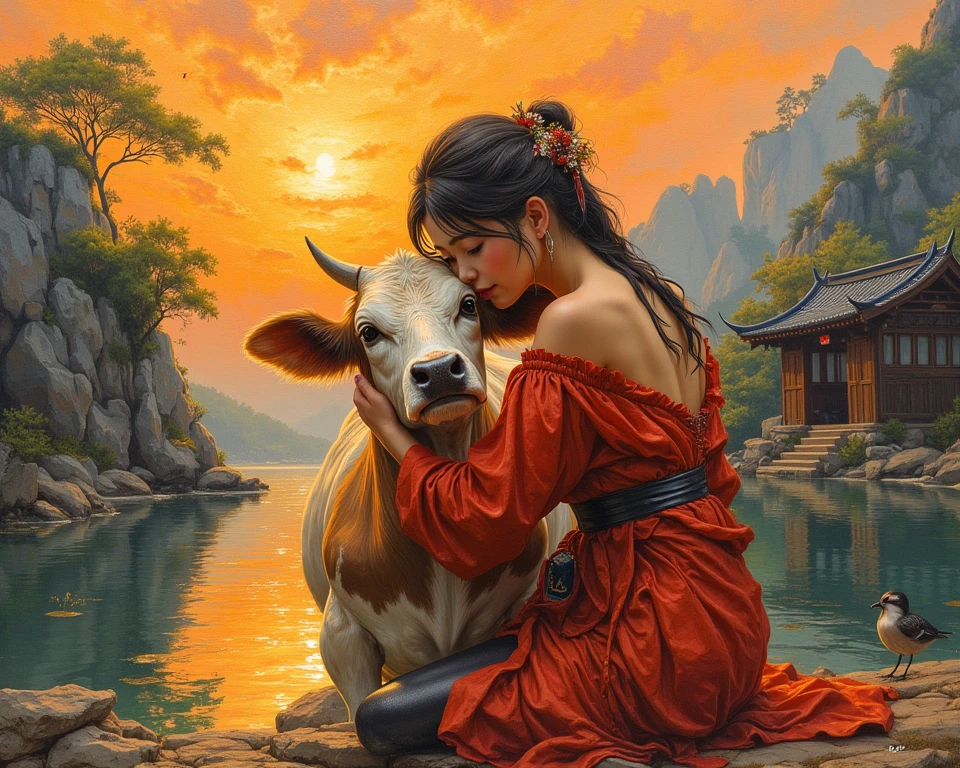 impasto oil painting, impressionistic, warm sunset, golden sunset lighting, asian scene, potrait of (Cowherd's daughter) a young Chinese woman hugs the neck of a bull calf with no horns, placing her cheek on the calf's head without horns at  lake and river background. river, birds, wood house, China country rock mountain landscape,  impressionism, Cinematic, Romanticism, abstract art complementary colors fine details oil painting by James Gurney head and shoulders portrait, 8k resolution concept art portrait by Greg Rutkowski, Artgerm, WLOP, Alphonse Mucha dynamic lighting hyperdetailed intricately detailed Splash art trending on Artstation triadic colors Unreal Engine 5 volumetric lighting, intricate details, HDR, beautifully shot, hyperrealistic, sharp focus, 64 megapixels, perfect composition, high contrast, cinematic, atmospheric,