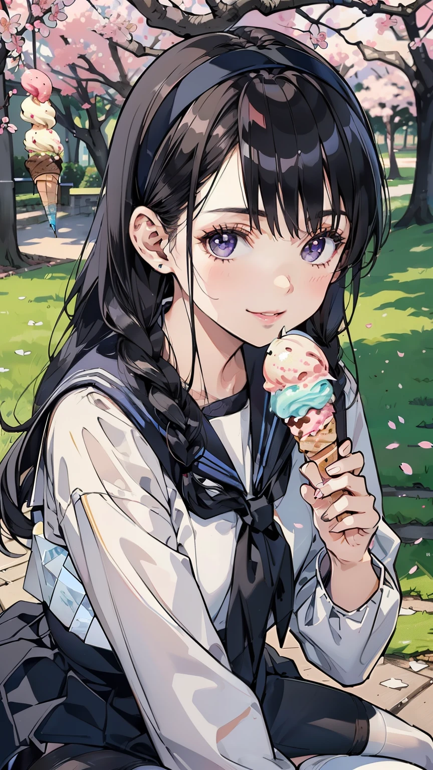 sailor suits, one woman, (beautiful woman in silya room), 8k, top quality, masterpiece, very detailed, super high definition, realistic, RAW photo, absolute resolution, black hair, braided hair, small face compared to body under a tree with cherry blossoms, very small face, black hair, 紺色のsailor suits, navy blue skirt, animated 2D rendering, realistic若いアニメの女子高生, (White Headbands:1.4), small breasts, tall, Slanted Eyes ,purple eyes, (black stockings:1.4), smile, Sitting under a cherry tree, (serve ice cream in hand:1.4),