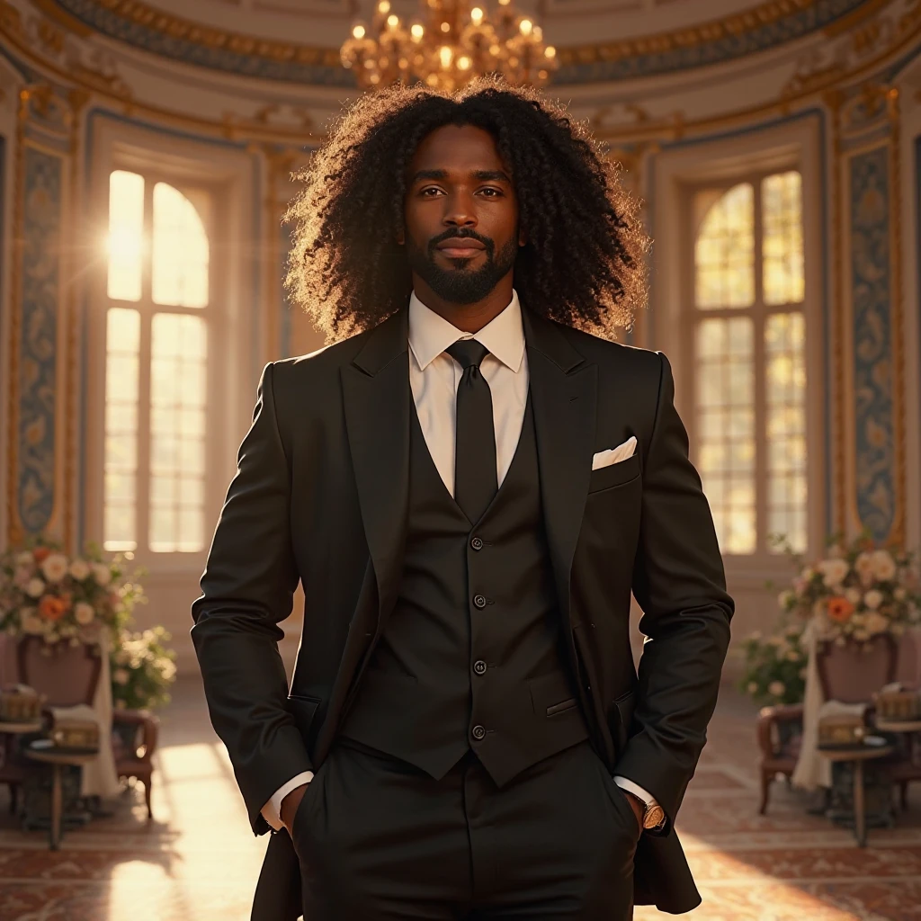 Make me a black guy with long curly black hair in suits in a wedding 