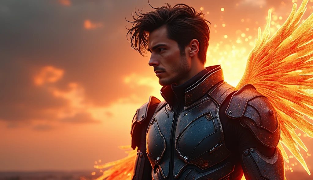 Handsome, modern brown-haired shield-man, futuristic atmosphere, black and azure cyberpunk suit, neon accents , intricate armor details. with shades of sunset, phoenix motif:  orange  ,  gray  , White , fractal , flow ,  glow , behind the man swirling glitter in the colors of the sunset