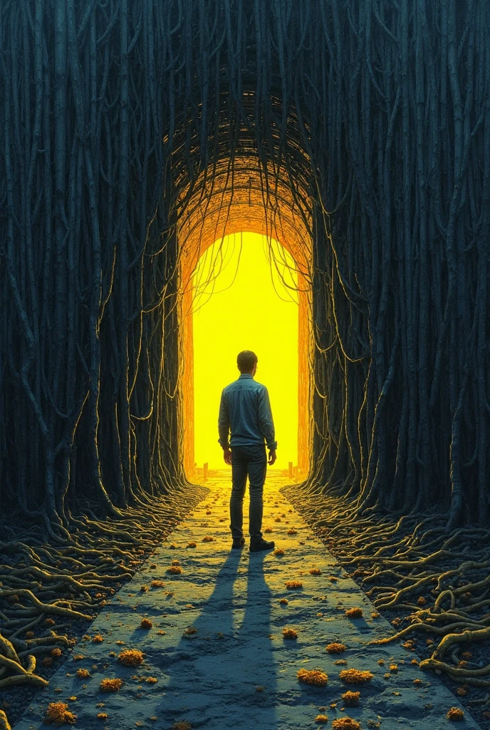 Make a person who is in the dark, afraid and confused. There is a road full of very thick and very many piles. His sin prevents him from walking to open doors with a yellow light. It is a metaphor for hope. The picture is in an artistic style similar to that of Van Gogh with an area of 1:1