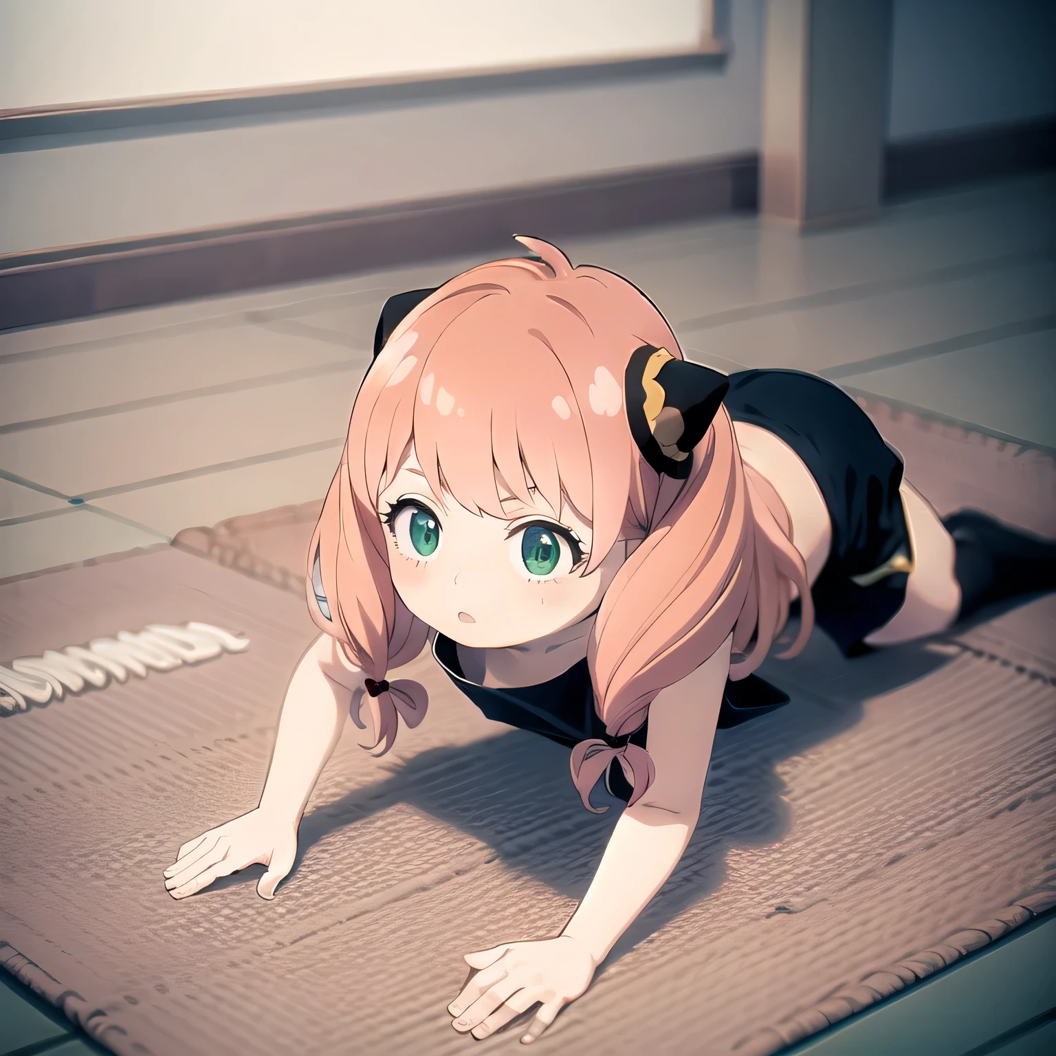 A person doing a plank exercise on a mat in a fitness gym, minimal equipment, bright interior. Pink hair, twin tails, green eyes.