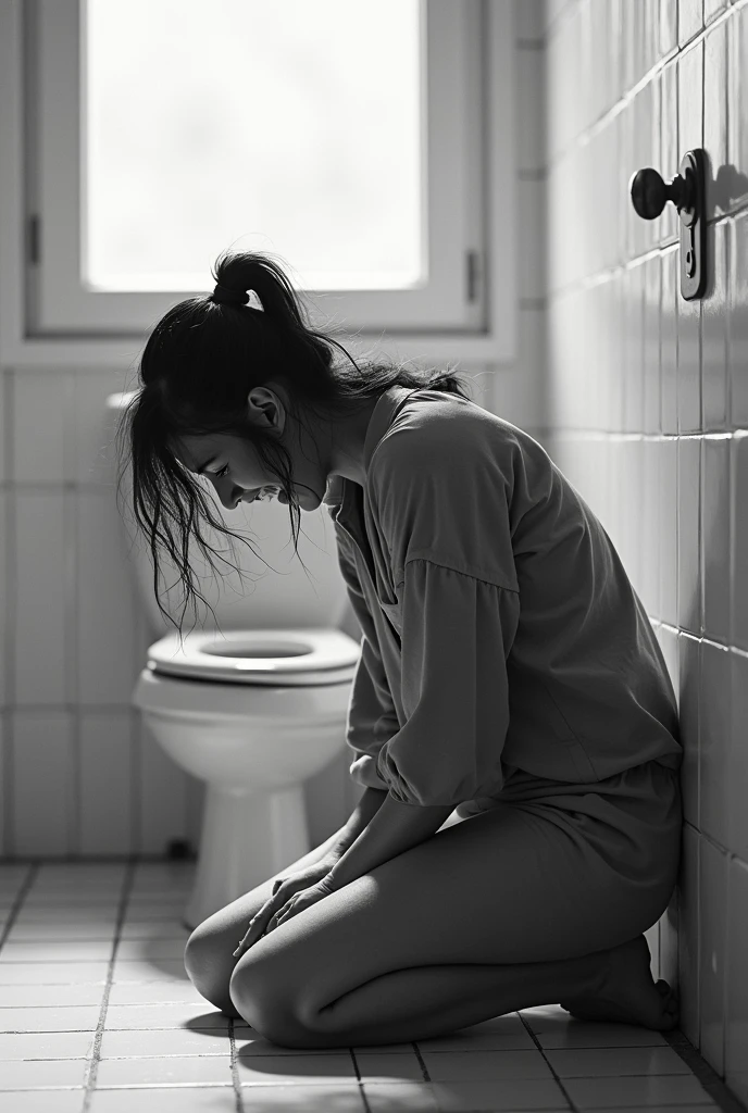 See face, making a pained face, Muslim girl with short hair is in pain, food poisoning, Turn around and squat down., The poop is a lot of murky water., Shit all over the floor, Shit flows out of the butthole., Anal shit