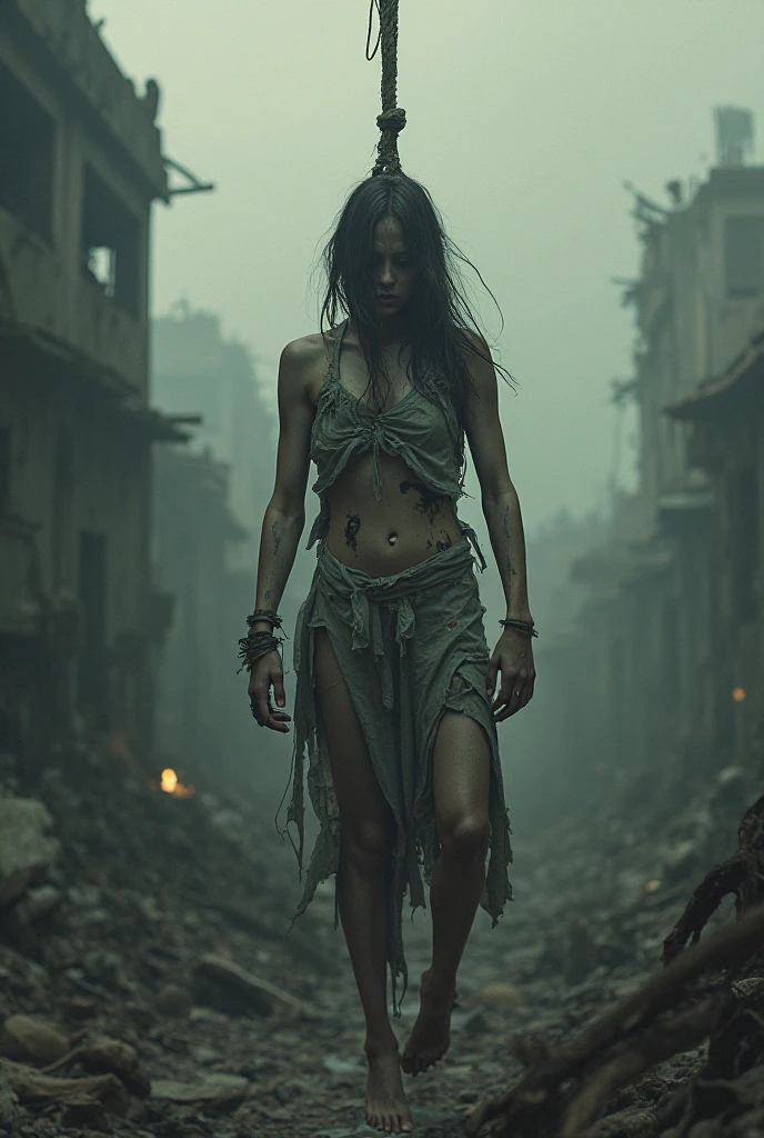 A tanned woman with very long hair stumbles through the streets of a destroyed city with a naked upper body, a bleeding bullet wound in her left shoulder, an automatic rifle in her right hand, full of mud, blood, and wounds, and wearing a torn skirt. Explosions and fires everywhere ravage the ruined city.
