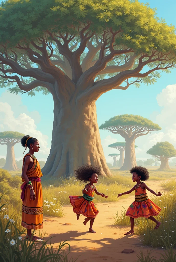 ren playing under a baobab tree — laughter, movement, traditional clothing, with Amina watching them from a distance, smiling softly.