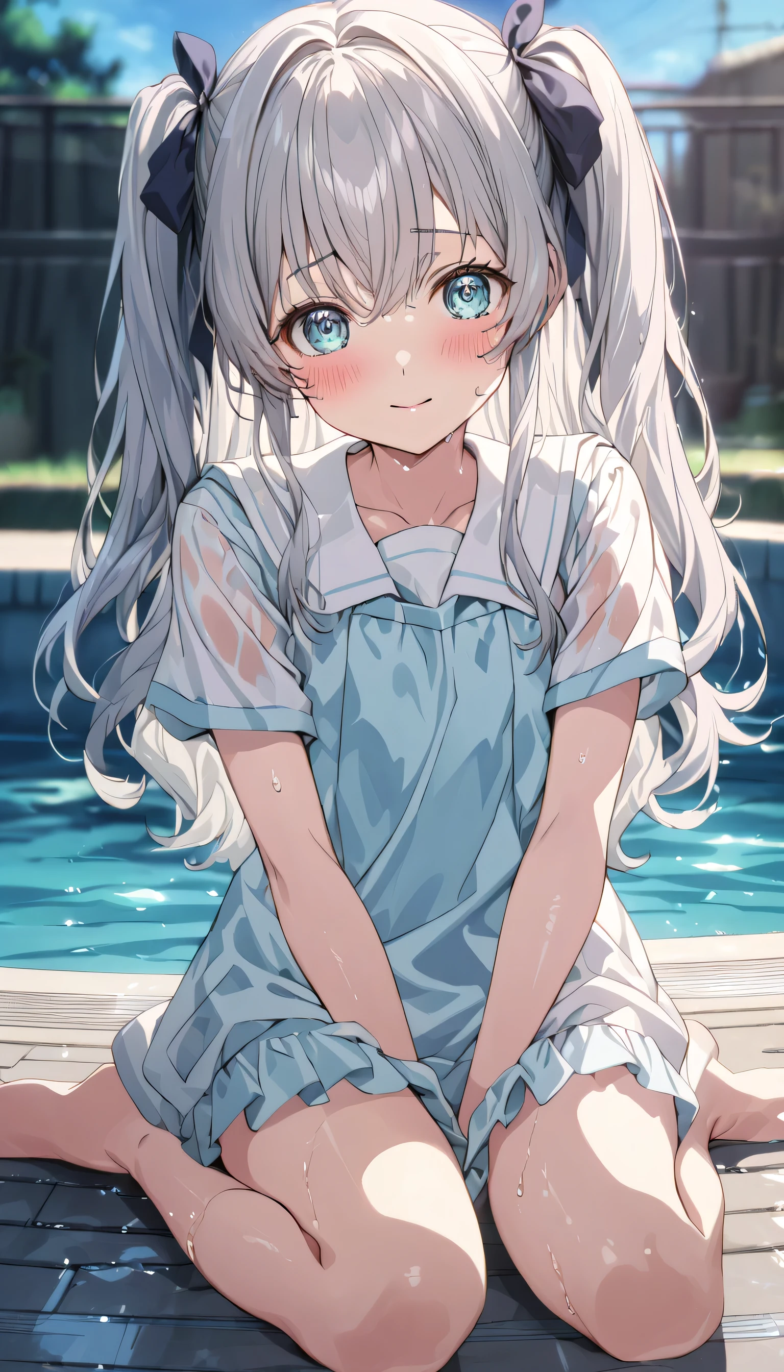 ((ultra-detailed)), (highly detailed CG illustration), (best quality:1.2), ultra-highly detailed, colorful composition, artistic photoshoot, 1girl, solo focus, ((thigh to top:1.4)), ((cowboy shot:1.4)), moe anime character, girl, dainty facial structure, (baby face), (round face), ((rounded chin:1.2)), (( body proportions)), celia-default, celia claire, (blue eyes), sparkle eyes, silver hair color, two side up, (hair ribbon with red), small chest, (light blue nursery uniform smock top), (school swimsuit), (blue one-piece swimsuit), (beautiful see through light blue nursery uniform smock), ((wet clothes)), ((wet body:1.4)), ((shy)), ((blush)), ((bashful)), ((coy)), ((demure)), ((looking at viewer)), ((sitting on floor)), ((wariza:1.4)), ((V arms)), ((in school swimming poolside)), best quality, masterpiece, ((beautiful detailed sky)), ((sunshine pouring down)), from behind, expecting, pink cheek, blush, light pink gloss slip, portrait, depth of field, soft lighting, sidelighting, (shine), lighting, caustics, ray tracing, perfect face, lustrous skin, highly detailed face, highly detailed eyes, perfect face, perfect nose, perfect hair, perfect eyes, perfect anatomy, beautiful hair, beautiful small face, extremely detailed face, beautiful detailed eyes, beautiful clavicle, body type, beautiful small breasts, beautiful thin thighs, beautiful legs, beautiful fingers, 4 fingers, 1 thumb, lovely, (very detailed background:1.0), (highly detailed background:1.0), summer aesthetic, intricate details, bashful atmosphere, summer colors palette, chromatic aberration