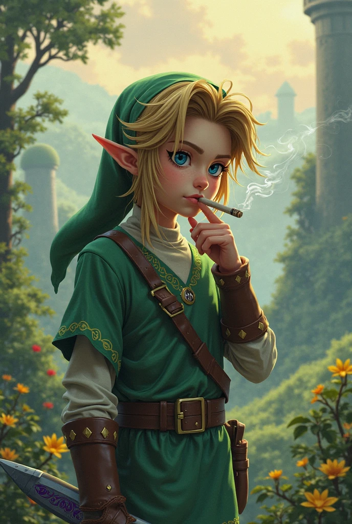 Imagine link from the legend of Zelda ocarina of time smoking a cigarette and make it look like the actual game with Nintendo 64 graphics