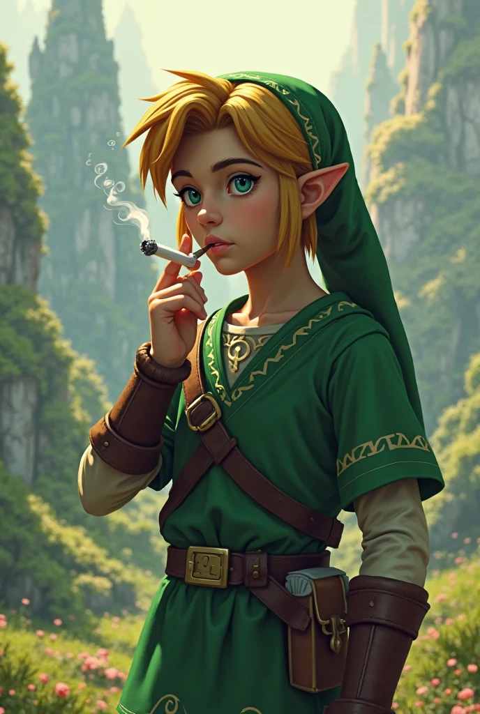 Imagine link from the legend of Zelda ocarina of time smoking a cigarette and make it look like the actual game with Nintendo 64 graphics