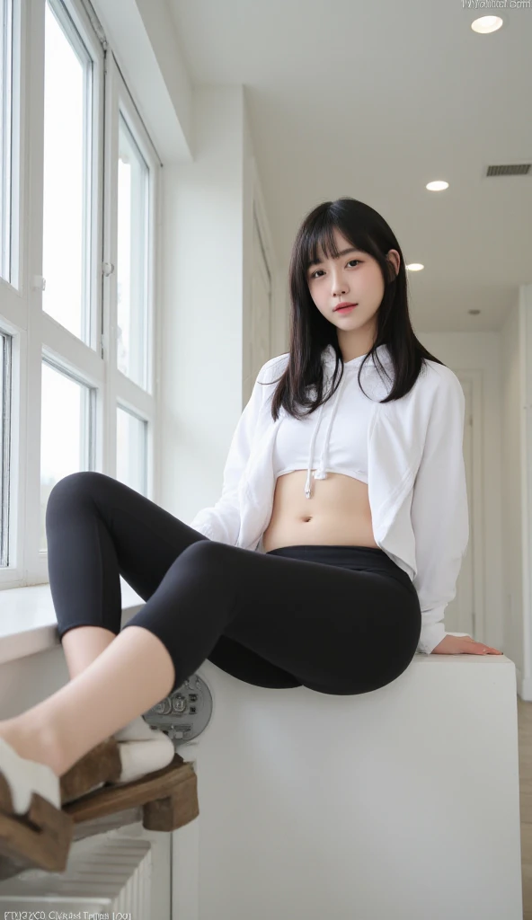 masterpiece,muste piece、highest quality、High quality、girl、cute、huge breasts、short hair、full body shot、((inner is whiteＴshirt))、((The lower body is wearing black half-leggings.))、The background is a residential area 