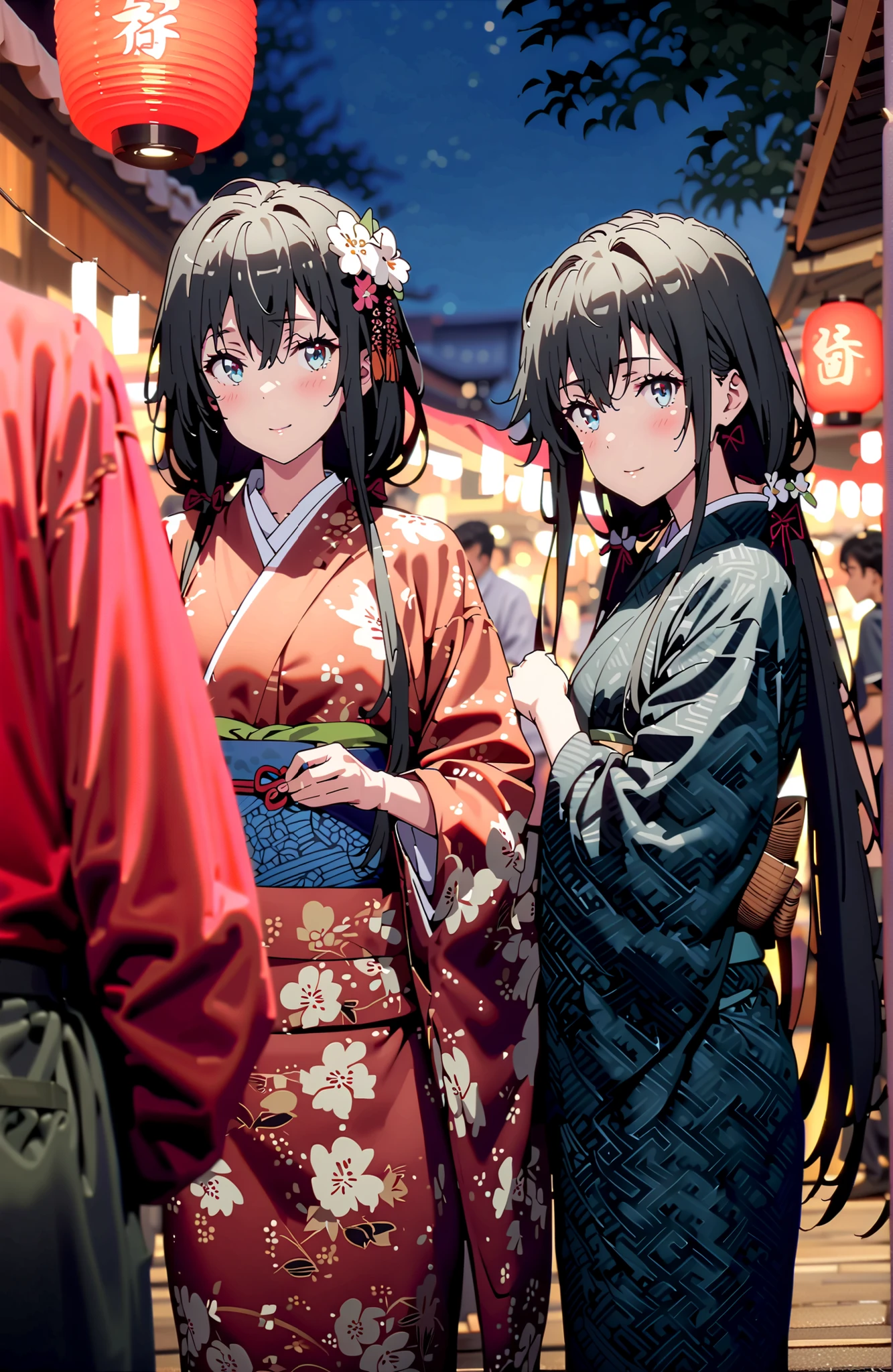  Yukinoshita Yukino , Yukinoshita Yukino, black hair, blue eyes,stupid hair,Low Twin Tails,long hair,White flower pattern kimono,flower hair ornament,smile,blush,close your mouth,Light up fireworks,Japanese stalls ,Red Lantern,crowd,night,standing,full bodyがイラストに入るように,break outdoors, Japanese Festival,
break looking at viewer,full body,
break (masterpiece:1.2),top quality ,Kampala,unity 8k 壁紙,(shape:0.8),( fine, beautiful eyes :1.6),It's a person ,full body写真,CG Details , (perfect hand,Complete Anatomy),