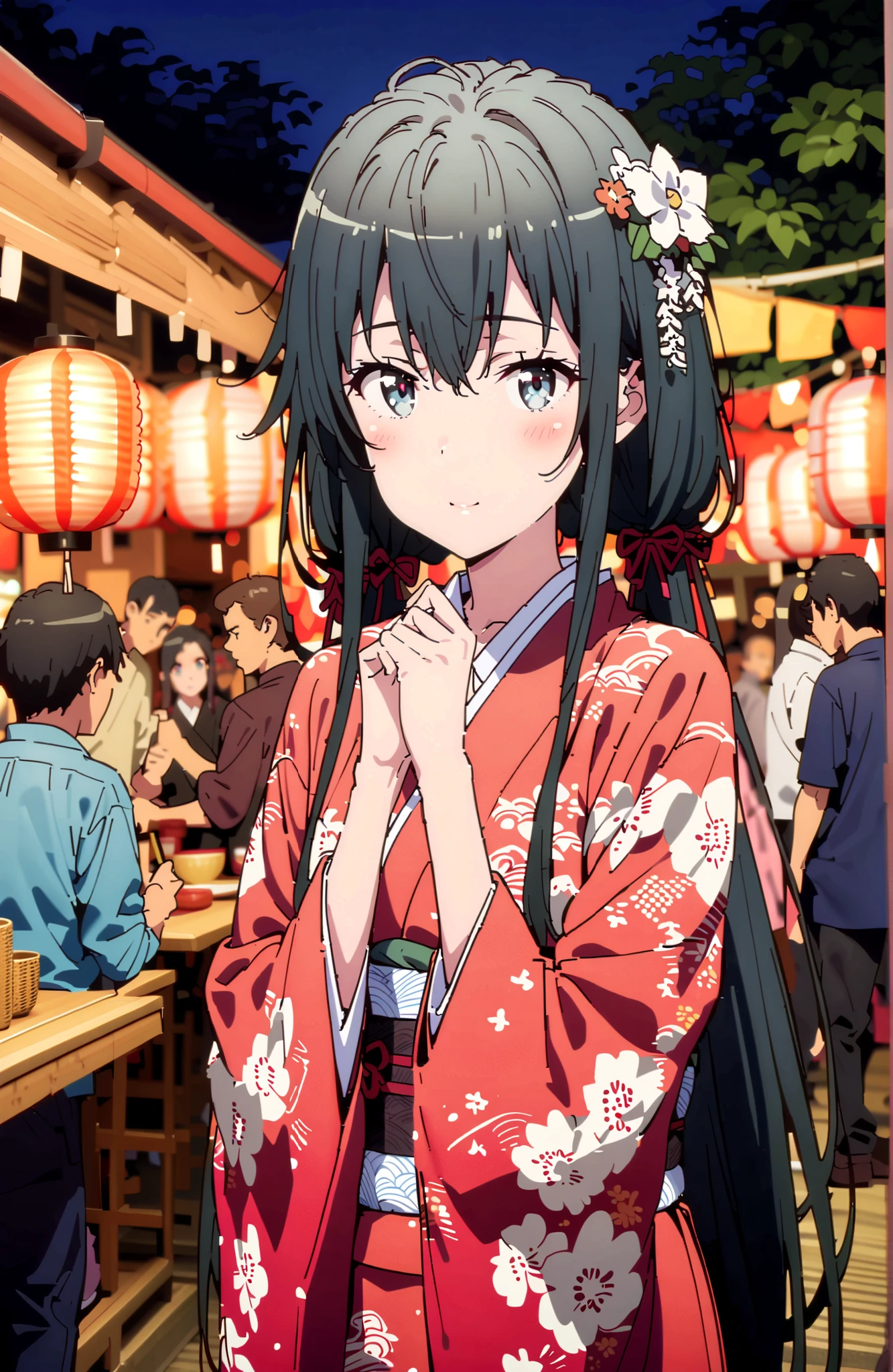 Yukinoshita Yukino , Yukinoshita Yukino, black hair, blue eyes,stupid hair,Low Twin Tails,long hair,White flower pattern kimono,flower hair ornament,smile,blush,close your mouth,Light up fireworks,Japanese stalls ,Red Lantern,crowd,night,standing,full bodyがイラストに入るように,break outdoors, Japanese Festival,
break looking at viewer,full body,
break (masterpiece:1.2),top quality ,Kampala,unity 8k 壁紙,(shape:0.8),( fine, beautiful eyes :1.6),It's a person ,full body写真,CG Details , (perfect hand,Complete Anatomy),