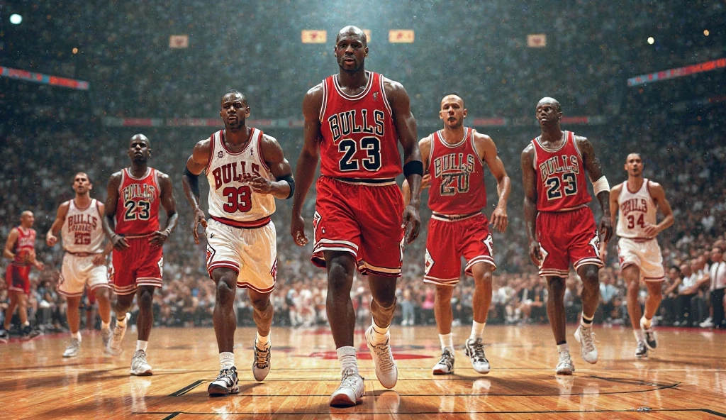 Photorealistic image of Mbappe in a Real Madrid jersey combined with Michael Jordan scoring a basket
