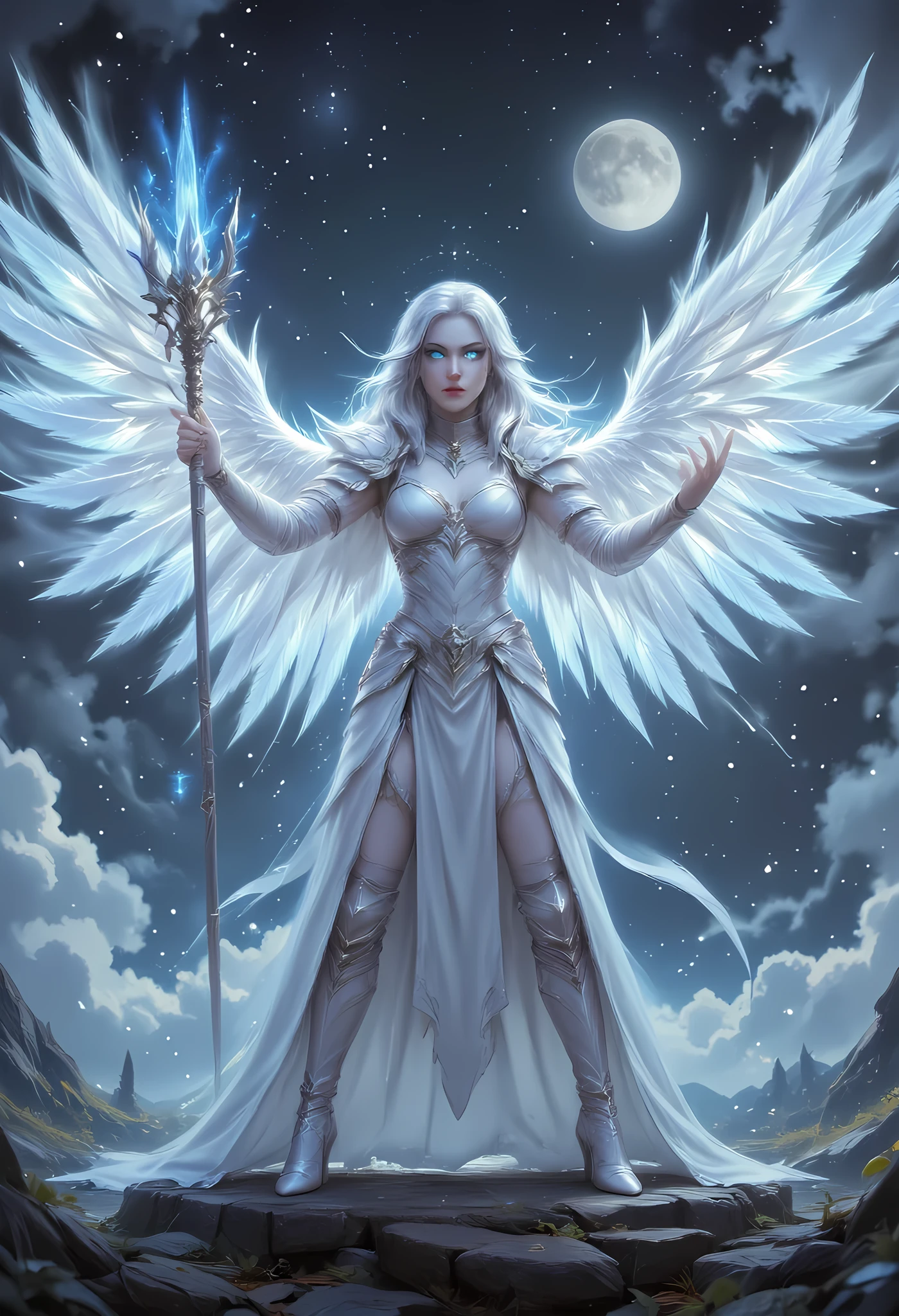 female, sorceress, casting divine spell, full body, aasimar, female, white large feathered wings, silver hair, blue eyes, determined face, ultra detailed face, best detailed face, divine light, intense eyes, ultra feminine, ultra detailed face, (Masterpieceת intense details:1.5), wearing white armor, high heeled boots, armed with staff, moon, stars, clouds, fantasy magical heaven background, cinematic lighting, soft light, silhouette, photorealism, 16k, highres, best quality, 2.5D rendering, fantasy, Celestial Fantasy