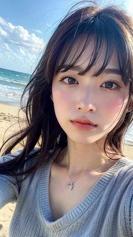 Ultra-high resolution、(masterpiece:1.3), (8k, Best image quality: 1.4)、 (Real:1.4)、One beautiful woman、Beautifully detailed eyes and skin、Micro Smile、Light brown short hair、Small and modest bust、Hide the bust、T-Shirts!!、Sweat on sunburned skin、Hair disheveled by strong winds、Summer beach、Beach、Seaside plants and flowers々、T-Shirts!