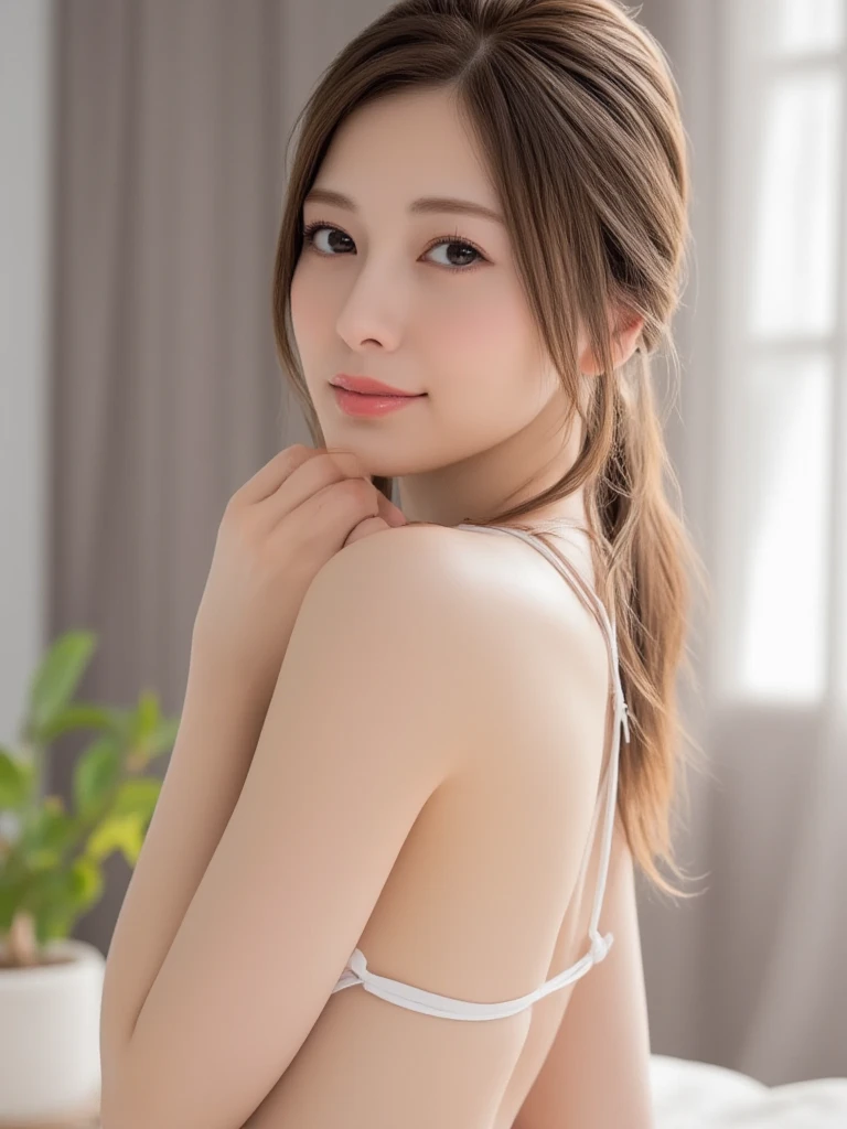 (from above:1.2),(from side:0.9),(A masterpiece of image quality in 8K),(Beautiful Allafed Woman),(((emphasizing breasts:1.1))),(Dynamic angles),(Dynamic and sexy bending pose:1.3),(sit a chair:1.1),(Short hair in shiny silver and orange inner colors,small full breasts,Disturbance of clothing due to movement,breast slip,(Ponytail twisted buns adorned with elaborate braids and beads,Braided Setup Fishbone Hair,),(see-through bangs),(perky chest:1.1), (pointed chest:1.3), small breasts、(((A white lace apron that shows your bare skin from under your small breasts)))、Blush with embarrassment、Enraptured eyes、A smile that beguiles the viewer、(Look back:1.7)、Look into the photographer,skin glistening with sweat,gazing at viewer,,(Professional Lighting),(8K,masutepiece,top-quality,Ultra-high resolution output image,),(Ultra HD with complex detail image modes),depth of fields,Beautiful hands,Beautiful fingers,Detailed finger features,(Detailed hair features:1.7),detailed facial features,detailed clothes features, (perky chest:1.1), (pointed chest:1.3), seductive weak smiling,(with sparkling eyes and a contagious smile),little open mouth,