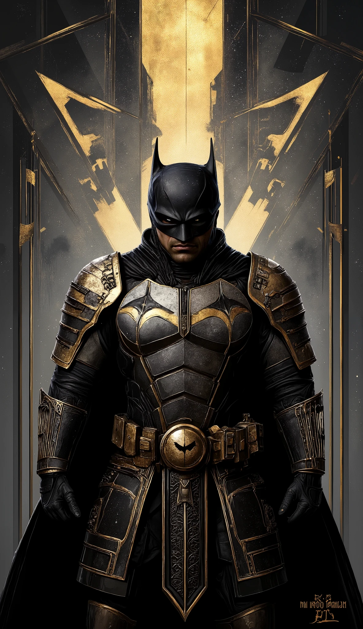 (best quality, 128k,highres,masterpiece:1.2),ultra-detailed,(realistic,photorealistic,photo-realistic:1.37), ((masterpiece)) ((photography)) ((Highest quality)) an Art Deco illustration of Batman as a samurai. His armor should combine traditional samurai elements with sleek, geometric Art Deco designs, featuring sharp lines, metallic accents, and intricate patterns. The Bat symbol should be subtly incorporated into the armor. The background should showcase a futuristic cityscape with angular buildings and dramatic lighting, reflecting the bold and symmetrical style of Art Deco. Use a rich color palette of blacks, golds, and deep blues, blending the elegance of Art Deco with the fierce presence of a samurai warrior.
