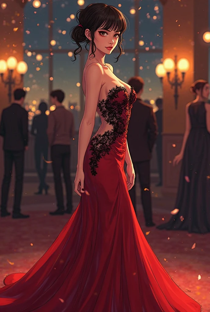 Young woman with black hair in a bun, with bangs, brown eyes , une robe rouge très , Black lace, side slit dress, Very long, During a prom in anime manga style