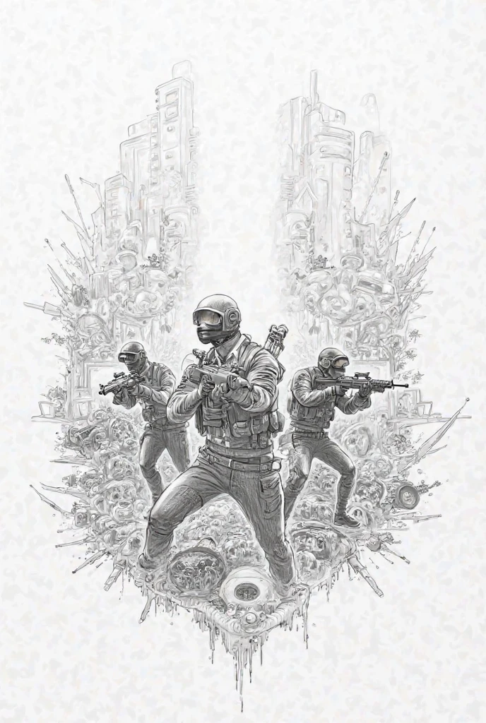 Do a pencil drawing of pubg and cod inside png map