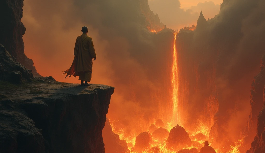 many dark shadows are the shapes of animals below, screaming and being burned by the fires of hell, while a Thai monk stands and stares from atop a cliff, cinematic light, realistic illustration,