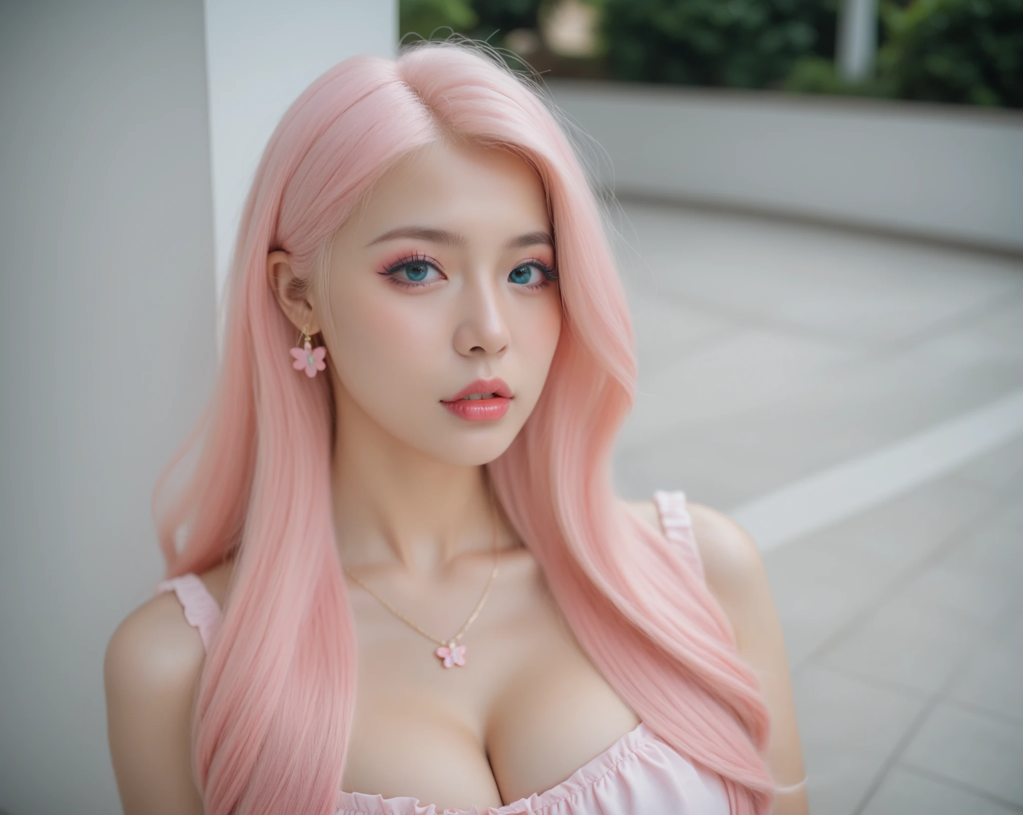 ((naked:1:1)), (very nsfw), Detailed face, Long eyelashes, Detailed eyes, light violet hair，(Straight hair: 1.3), (Lilac eyes and light green eyes: 1.3),largeeyes (light pink colored hair: 1.3), Big Cleavage, Slim, Angle from Above, nightclub,The surroundings are dim，lamplight，hot, sexy, Extend your hands above your head, Pleasant, Sweat，There are water droplets on the body，Superskirt，18+.